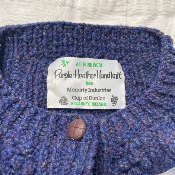 NWT Purple Heather Handknit Blue Fisherman Cable Knit Irish Wool Cardigan Sz 44 - Picture 5 of 6
